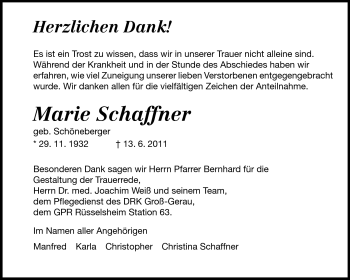 Traueranzeige von Marie Schaffner von Rüsselsheimer Echo, Groß-Gerauer-Echo, Ried Echo