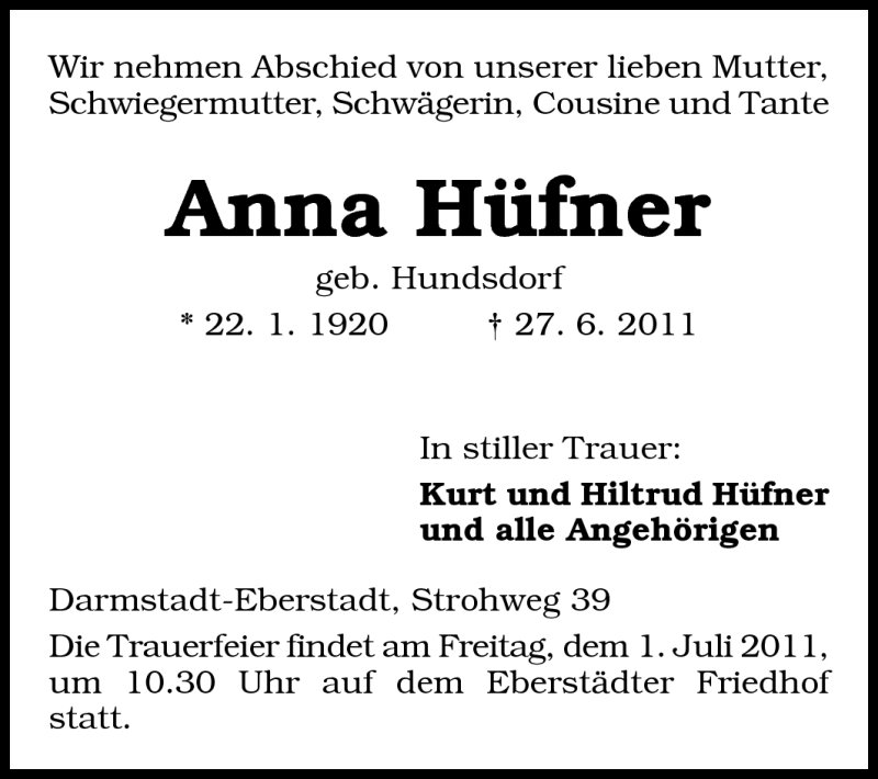  Traueranzeige für Anna Hüfner vom 29.06.2011 aus Echo-Zeitungen (Gesamtausgabe)