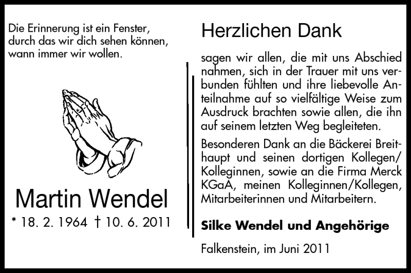  Traueranzeige für Martin Wendel vom 30.06.2011 aus Echo-Zeitungen (Gesamtausgabe)