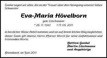 Traueranzeige von Eva-Maria Hövelborn von Echo-Zeitungen (Gesamtausgabe)