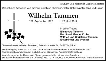 Traueranzeige von Wilhelm Tammen von Echo-Zeitungen (Gesamtausgabe)