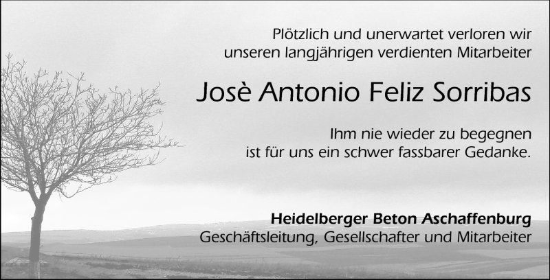  Traueranzeige für Jose Antonio Feliz Sorribas vom 29.06.2011 aus Odenwälder Echo