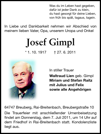 Traueranzeige von Josef Gimpl von Echo-Zeitungen (Gesamtausgabe)
