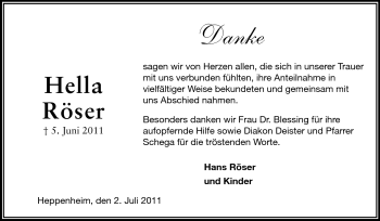 Traueranzeige von Hella Röser von Starkenburger Echo