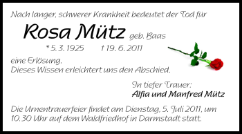 Traueranzeige von Rosa Mütz von Echo-Zeitungen (Gesamtausgabe)