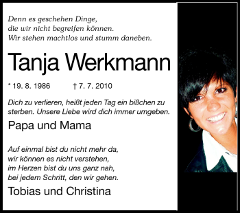 Traueranzeige von Tanja Werkmann von Rüsselsheimer Echo, Groß-Gerauer-Echo, Ried Echo