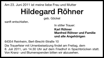 Traueranzeige von Hildegard Röhner von Darmstädter Echo, Odenwälder Echo, Rüsselsheimer Echo, Groß-Gerauer-Echo, Ried Echo