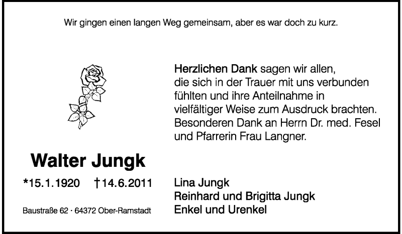  Traueranzeige für Walter Jungk vom 02.07.2011 aus Echo-Zeitungen (Gesamtausgabe)
