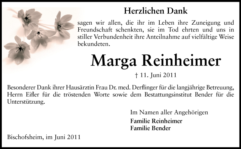  Traueranzeige für Marga Reinheimer vom 30.06.2011 aus Rüsselsheimer Echo, Groß-Gerauer-Echo, Ried Echo