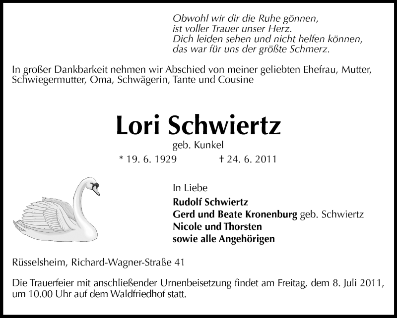  Traueranzeige für Lori Schwiertz vom 02.07.2011 aus Rüsselsheimer Echo, Groß-Gerauer-Echo, Ried Echo