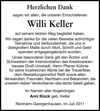 Traueranzeige von Willi Keller von Echo-Zeitungen (Gesamtausgabe)