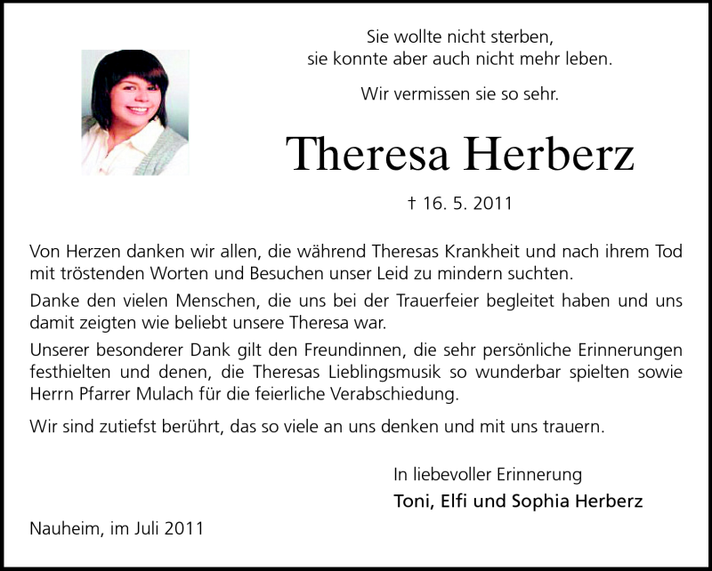  Traueranzeige für Theresa Herberz vom 02.07.2011 aus Rüsselsheimer Echo, Groß-Gerauer-Echo, Ried Echo