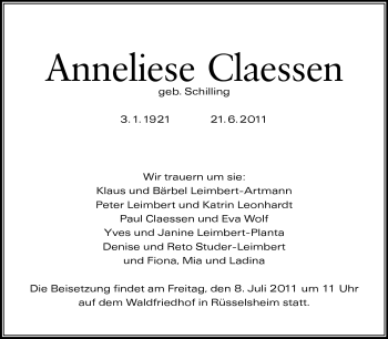 Traueranzeige von Anneliese Claessen von Rüsselsheimer Echo, Groß-Gerauer-Echo, Ried Echo