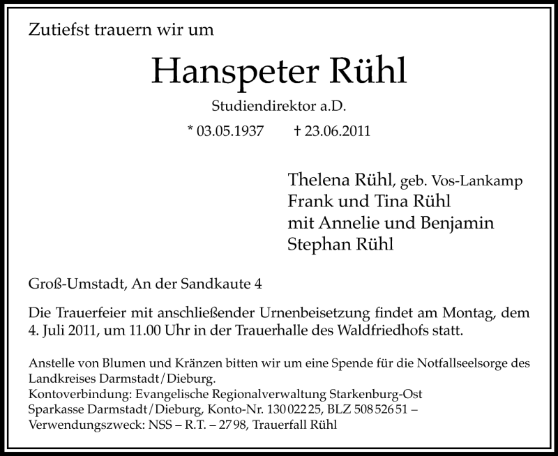 Traueranzeige für Hanspeter Rühl vom 01.07.2011 aus Echo-Zeitungen (Gesamtausgabe)