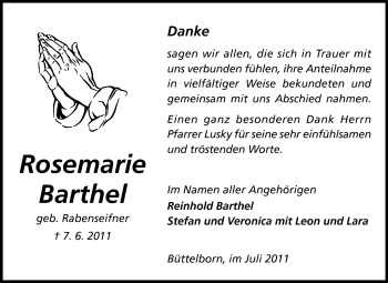 Traueranzeige von Rosemarie Barthel von Rüsselsheimer Echo, Groß-Gerauer-Echo, Ried Echo