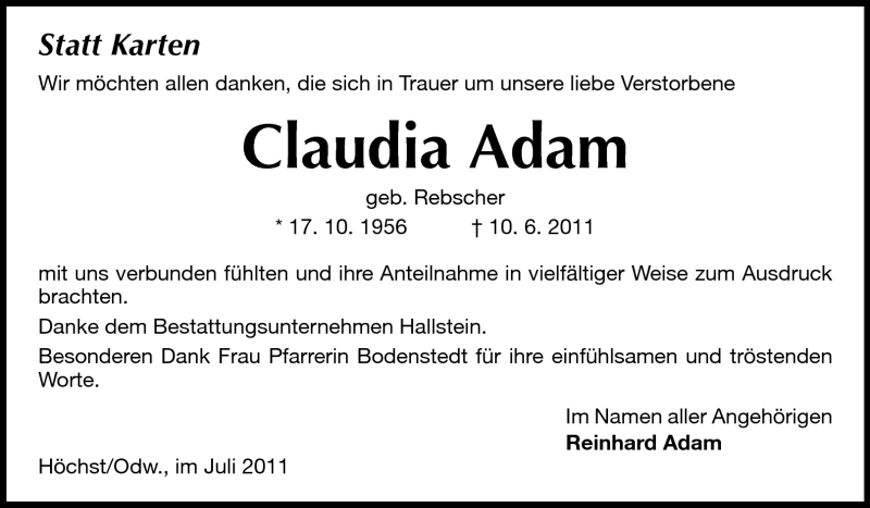  Traueranzeige für Claudia Adam vom 04.07.2011 aus Odenwälder Echo