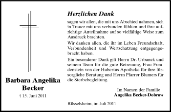 Traueranzeige von Barbara Angelika Becker von Rüsselsheimer Echo, Groß-Gerauer-Echo, Ried Echo