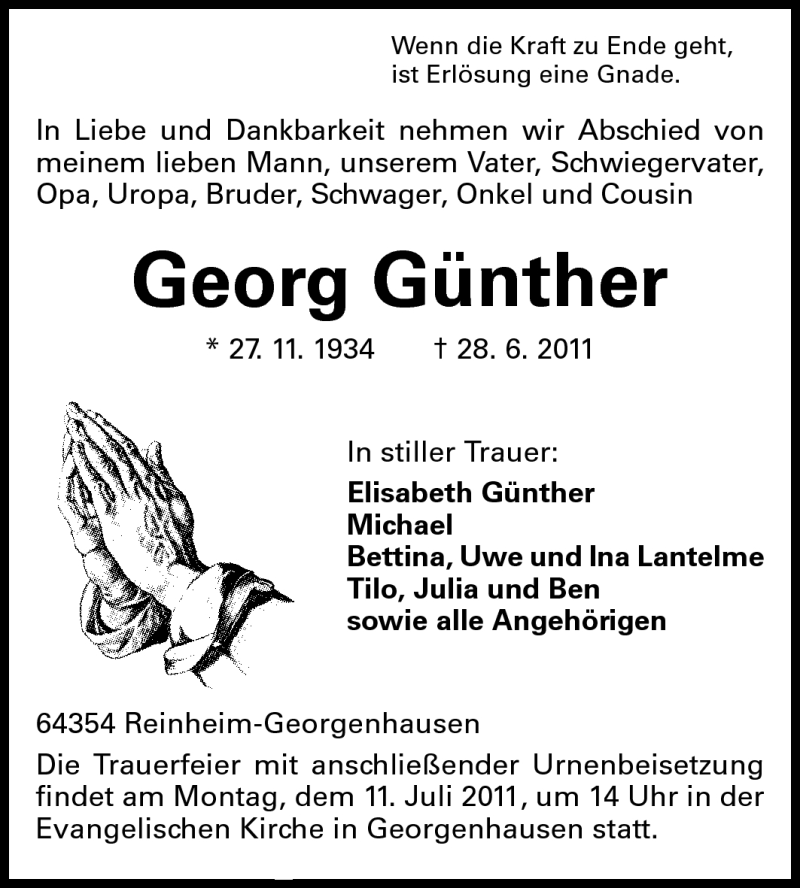  Traueranzeige für Georg Günther vom 09.07.2011 aus Echo-Zeitungen (Gesamtausgabe)