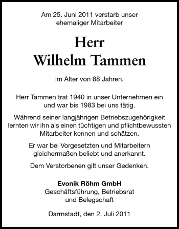 Traueranzeige von Wilhelm Tammen von Echo-Zeitungen (Gesamtausgabe)