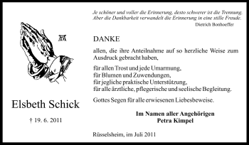Traueranzeige von Elsbeth Schick von Rüsselsheimer Echo, Groß-Gerauer-Echo, Ried Echo