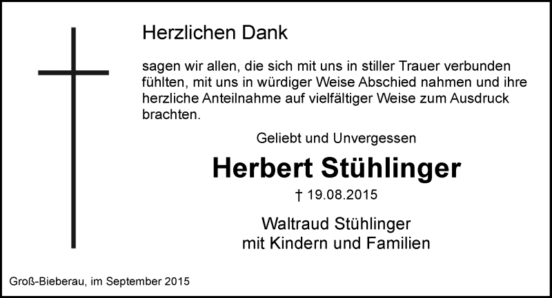  Traueranzeige für Herbert Stühlinger vom 19.09.2015 aus trauer.echo-online.de