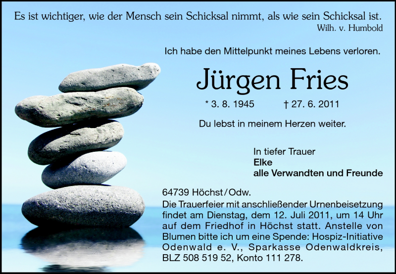  Traueranzeige für Jürgen Fries vom 09.07.2011 aus Odenwälder Echo