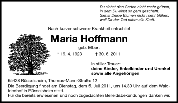 Traueranzeige von Maria Hoffmann von Rüsselsheimer Echo, Groß-Gerauer-Echo, Ried Echo