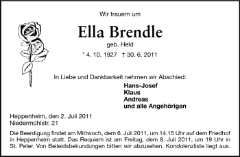 Traueranzeige von Ella Brendle von Starkenburger Echo