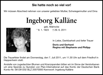 Traueranzeige von Ingebort Kalläne von Starkenburger Echo, Bergsträßer Anzeiger