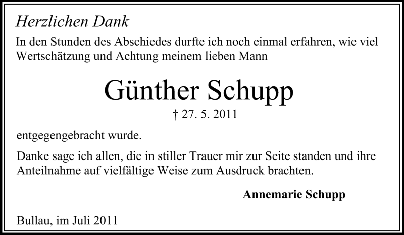  Traueranzeige für Günther Schupp vom 02.07.2011 aus Odenwälder Echo