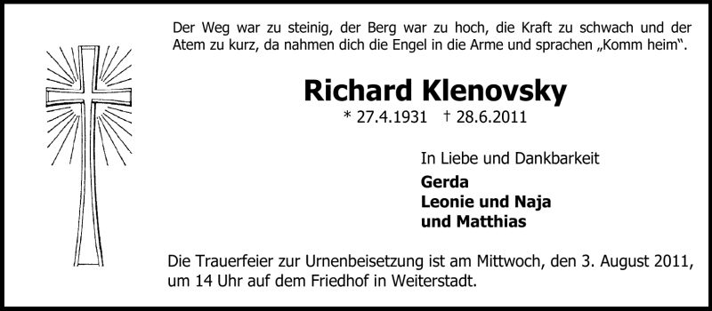  Traueranzeige für Richard Klenovsky vom 02.07.2011 aus Darmstädter Echo, Odenwälder Echo, Rüsselsheimer Echo, Groß-Gerauer-Echo, Ried Echo
