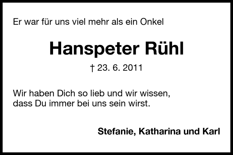  Traueranzeige für Hanspeter Rühl vom 02.07.2011 aus Echo-Zeitungen (Gesamtausgabe)