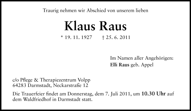  Traueranzeige für Klaus Raus vom 04.07.2011 aus Echo-Zeitungen (Gesamtausgabe)