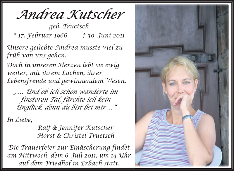  Traueranzeige für Andrea Kutscher vom 06.07.2011 aus Odenwälder Echo