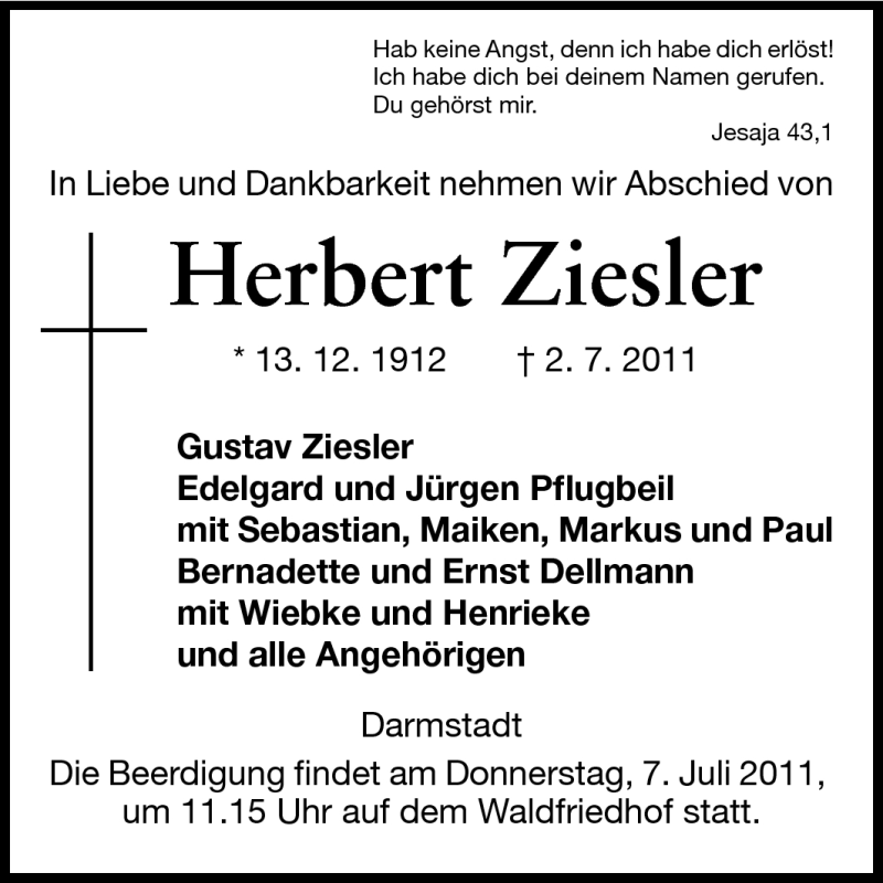  Traueranzeige für Herbert Ziesler vom 05.07.2011 aus Echo-Zeitungen (Gesamtausgabe)