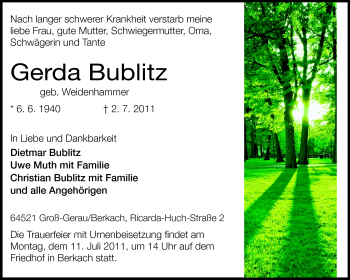 Traueranzeige von Gerda Bublitz von Rüsselsheimer Echo, Groß-Gerauer-Echo, Ried Echo