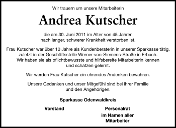 Traueranzeige von Andrea Kutscher von Odenwälder Echo
