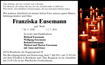 Traueranzeige von Franziska Eusemann von Darmstädter Echo, Odenwälder Echo, Rüsselsheimer Echo, Groß-Gerauer-Echo, Ried Echo