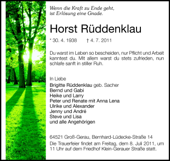 Traueranzeige von Horst Rüddenklau von Rüsselsheimer Echo, Groß-Gerauer-Echo, Ried Echo