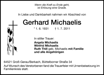 Traueranzeige von Gerhard Michaelis von Rüsselsheimer Echo, Groß-Gerauer-Echo, Ried Echo