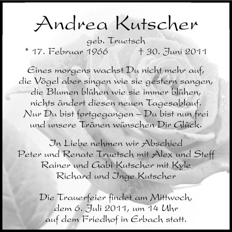  Traueranzeige für Andrea Kutscher vom 05.07.2011 aus Odenwälder Echo