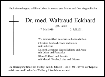 Traueranzeige von Waltraud Eckhard von Rüsselsheimer Echo, Groß-Gerauer-Echo, Ried Echo