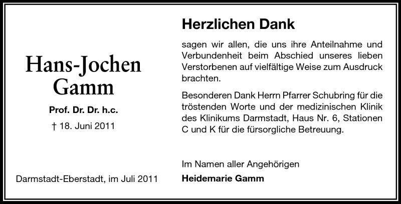  Traueranzeige für Hans-Jochen Gamm  vom 09.07.2011 aus Echo-Zeitungen (Gesamtausgabe)