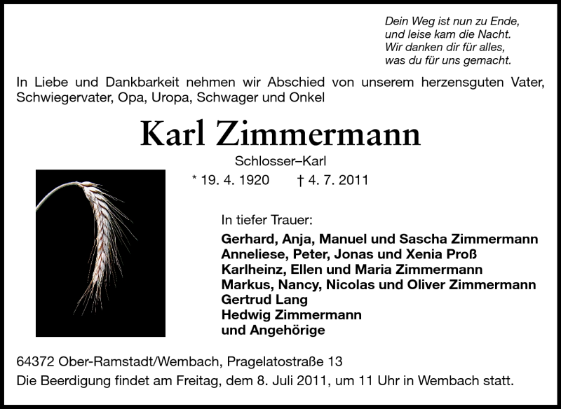  Traueranzeige für Karl Zimmermann vom 06.07.2011 aus Echo-Zeitungen (Gesamtausgabe)
