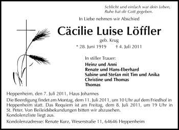 Traueranzeige von Cäcilie Luise Löffler von Starkenburger Echo