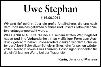 Traueranzeige von Uwe Stephan von Echo-Zeitungen (Gesamtausgabe)