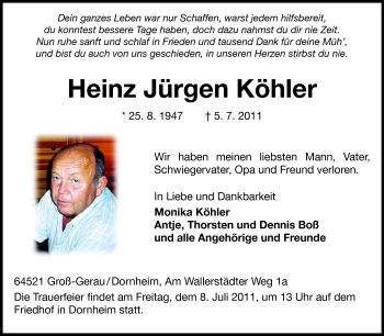 Traueranzeige von Heinz Jürgen Köhler von Rüsselsheimer Echo, Groß-Gerauer-Echo, Ried Echo