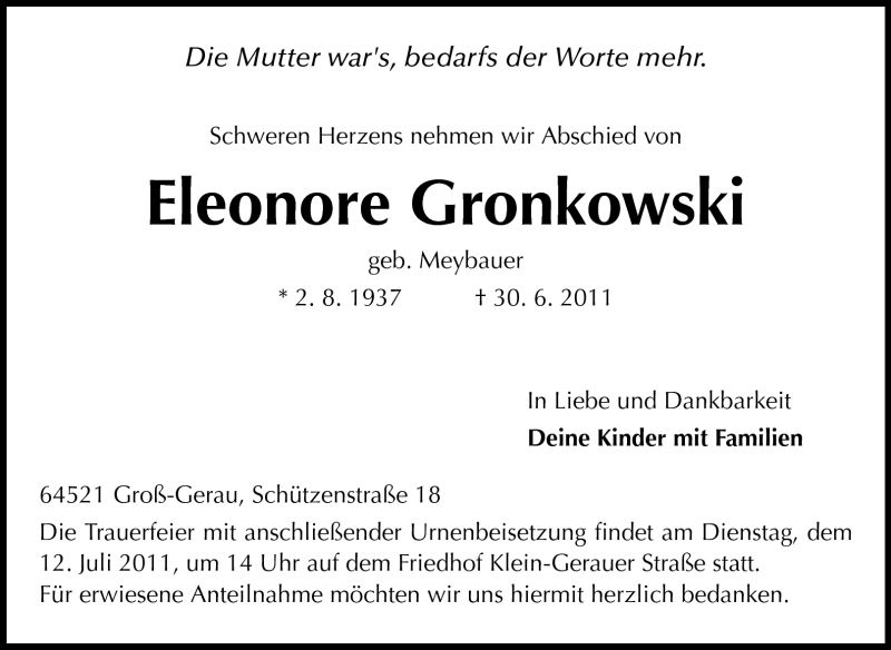  Traueranzeige für Eleonore Gronkowski vom 09.07.2011 aus Rüsselsheimer Echo, Groß-Gerauer-Echo, Ried Echo