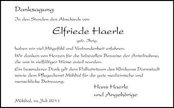 Traueranzeige von Elfriede Haerle von Darmstädter Echo, Odenwälder Echo, Rüsselsheimer Echo, Groß-Gerauer-Echo, Ried Echo