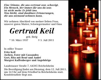 Traueranzeige von Gertrud Keil von Odenwälder Echo